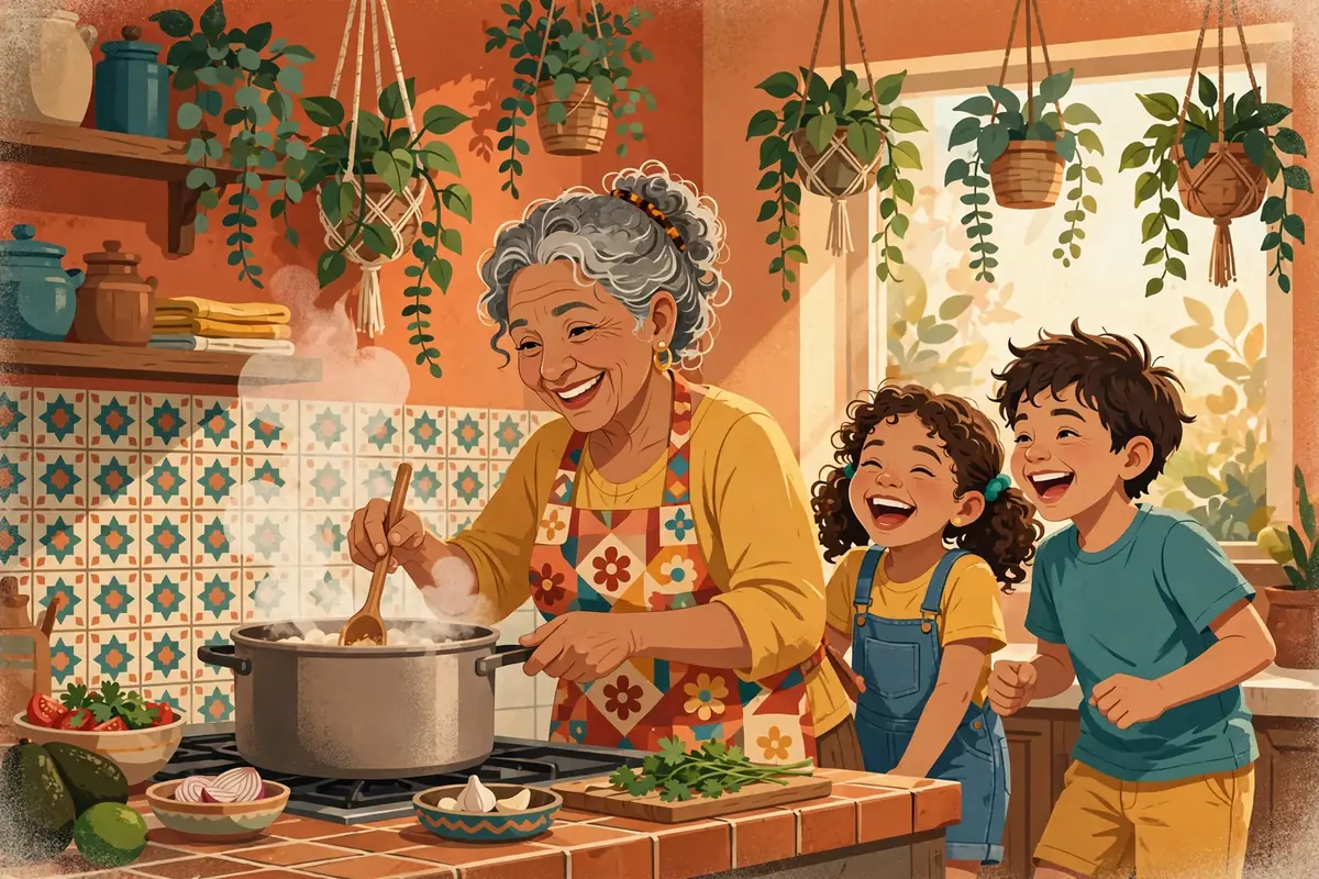 Ilustración de una abuela latina cocinando una sopa en una cocina soleada