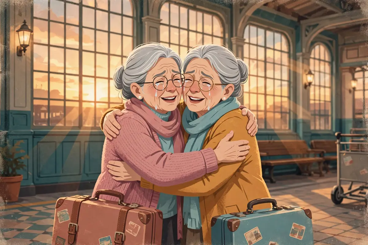 Ilustración de dos hermanas mayores abrazándose en una estación de tren