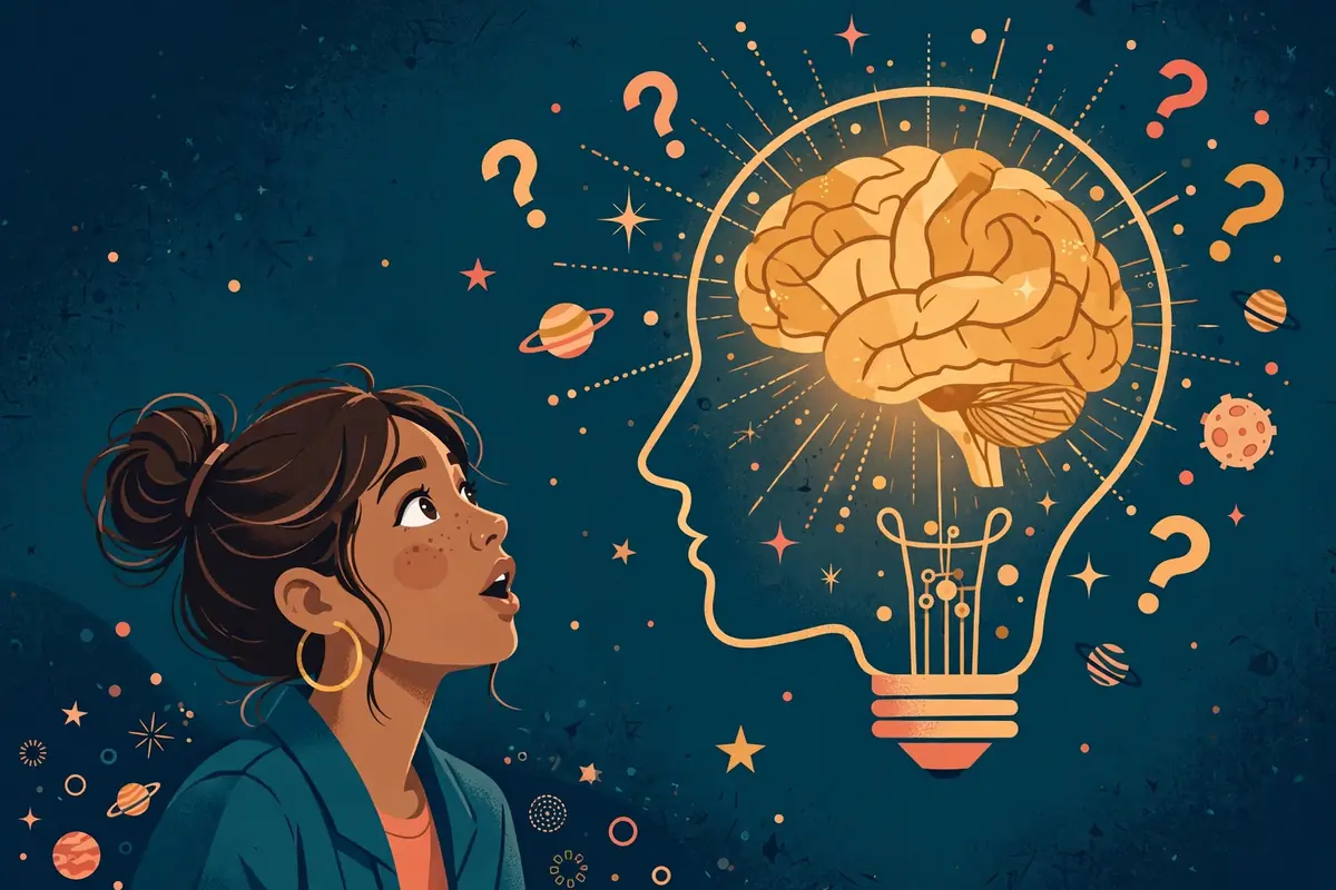 Ilustración de una joven mirando con asombro un cerebro que brilla como una bombilla