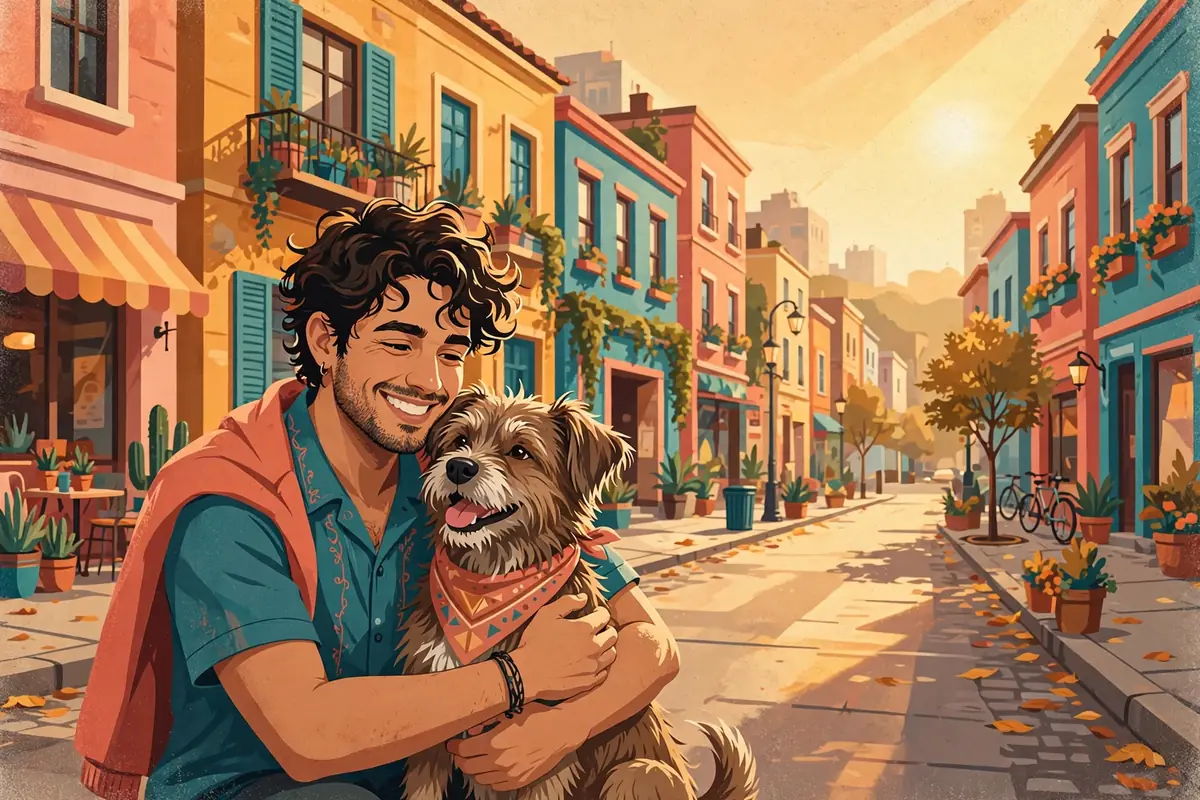 Ilustración de un joven abrazando a un perro callejero en una calle de la ciudad